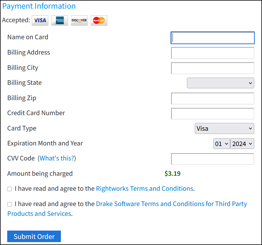 Image showing how to enter payment information, select terms, and submit the order.